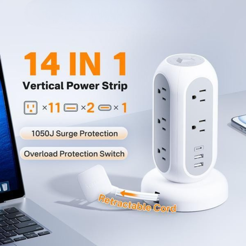 Retractable Cord Tower Power Strip Extension Socket with USB