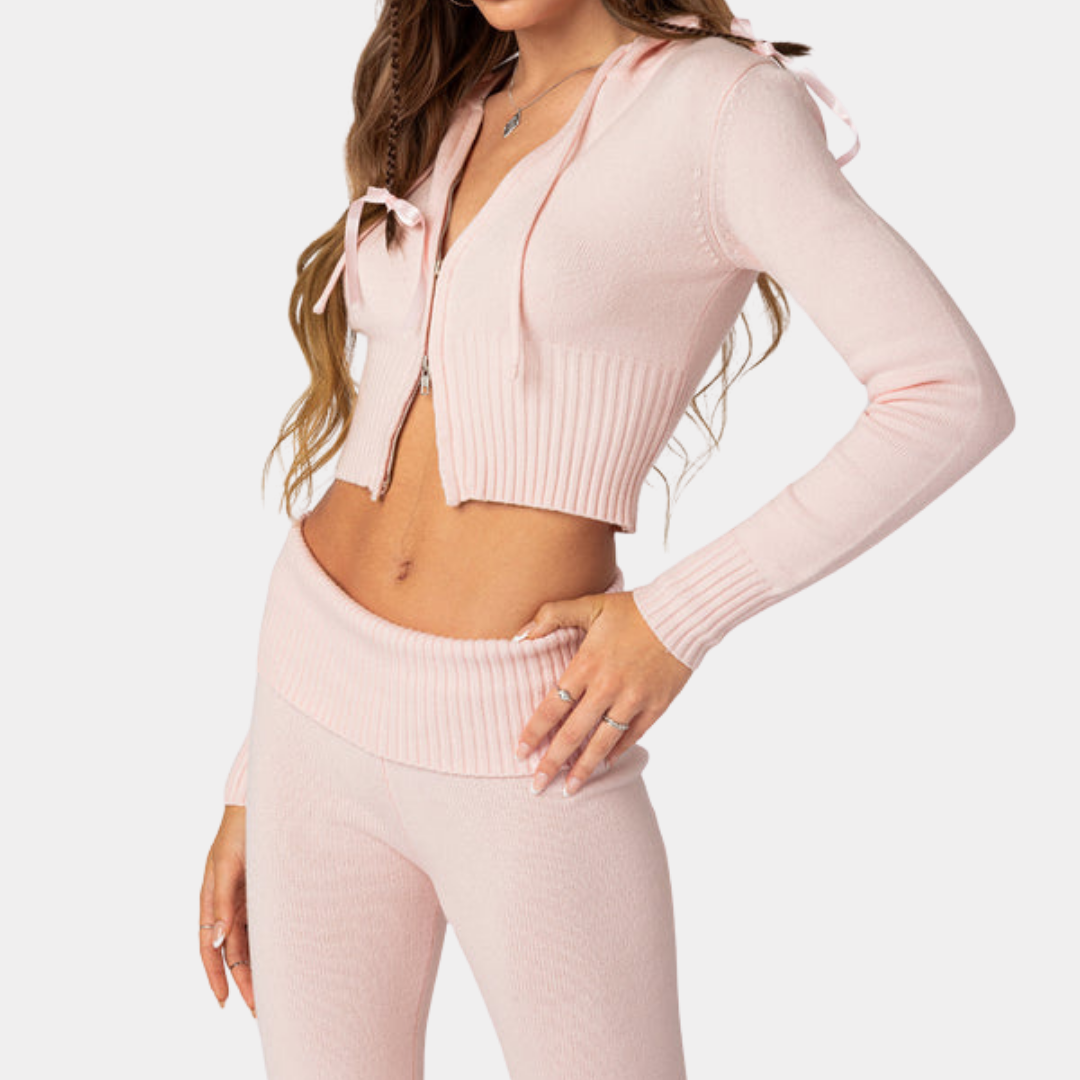 Knitted Hooded Cardigan and Low Rise Pants