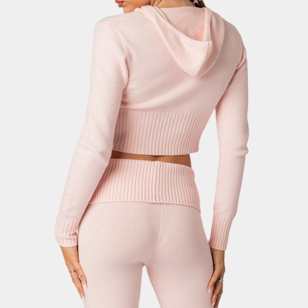 Knitted Hooded Cardigan and Low Rise Pants