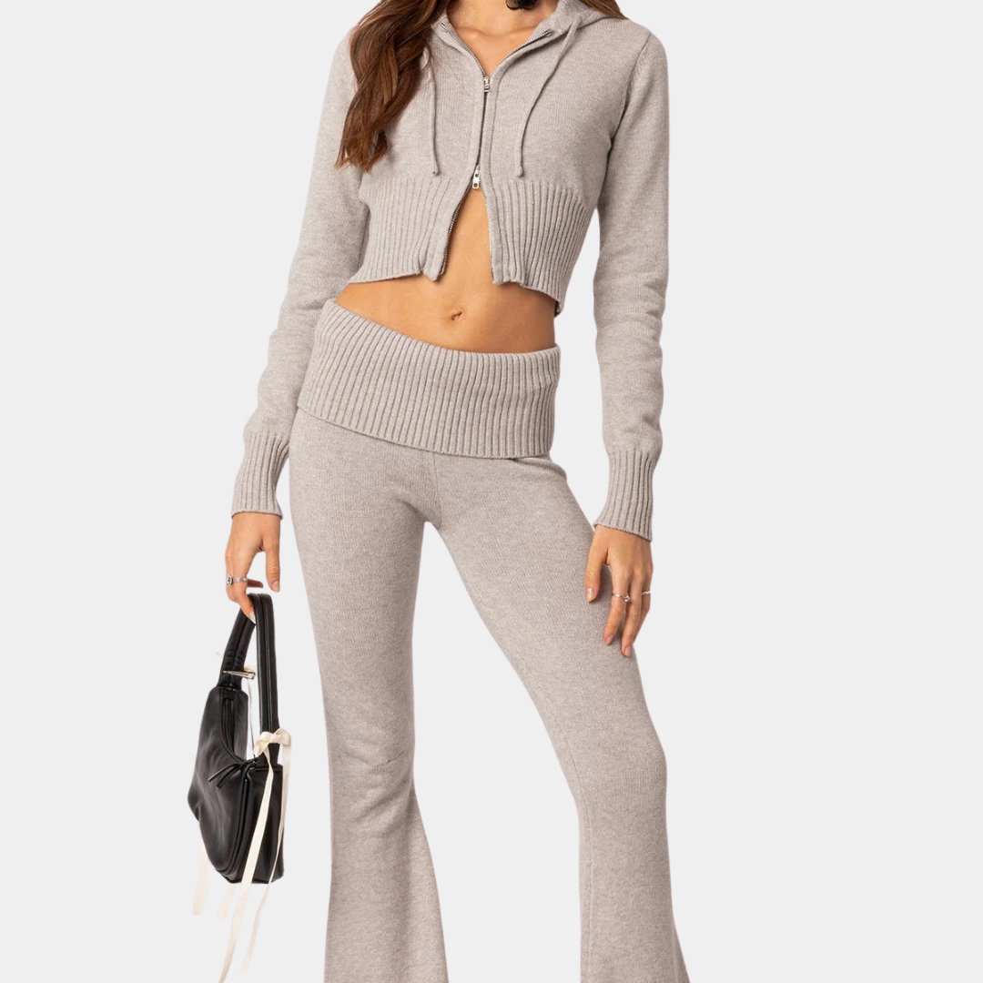 Knitted Hooded Cardigan and Low Rise Pants