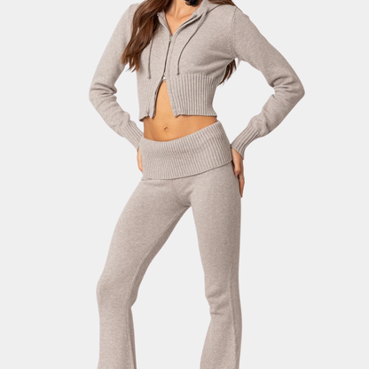 Knitted Hooded Cardigan and Low Rise Pants