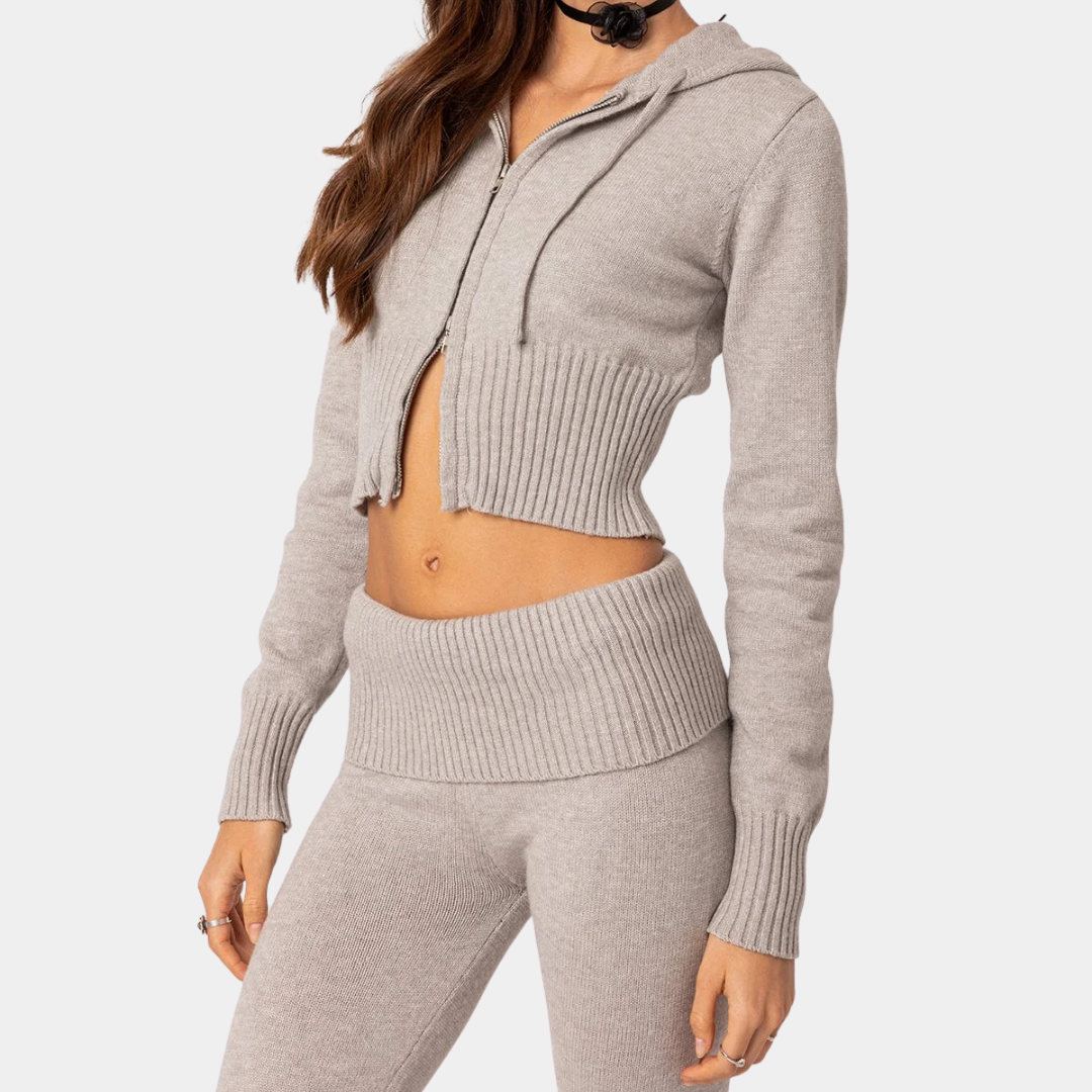 Knitted Hooded Cardigan and Low Rise Pants