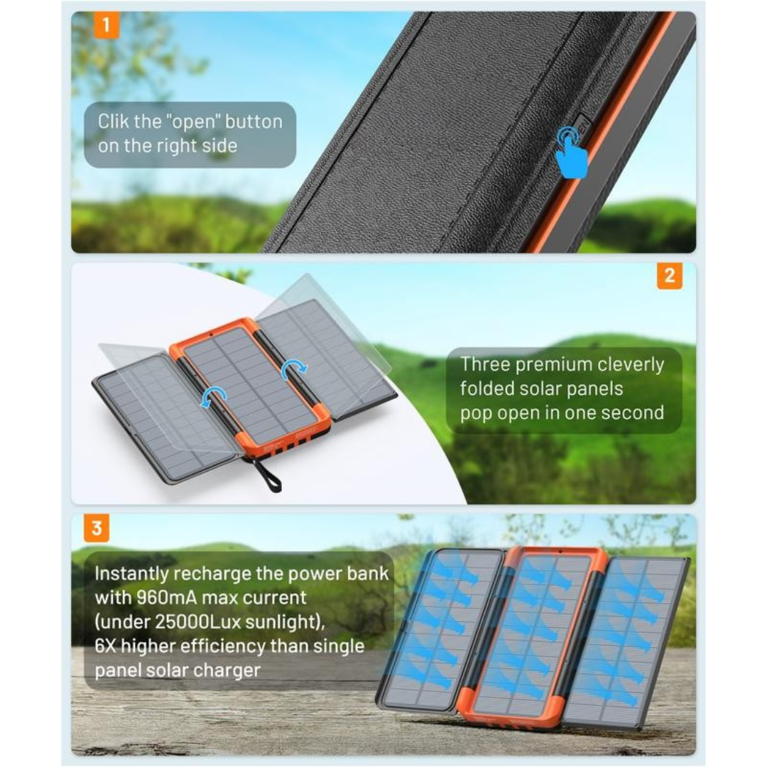 Solar Charger Power Bank Built in 4 Cables 3 Foldable Solar Panels