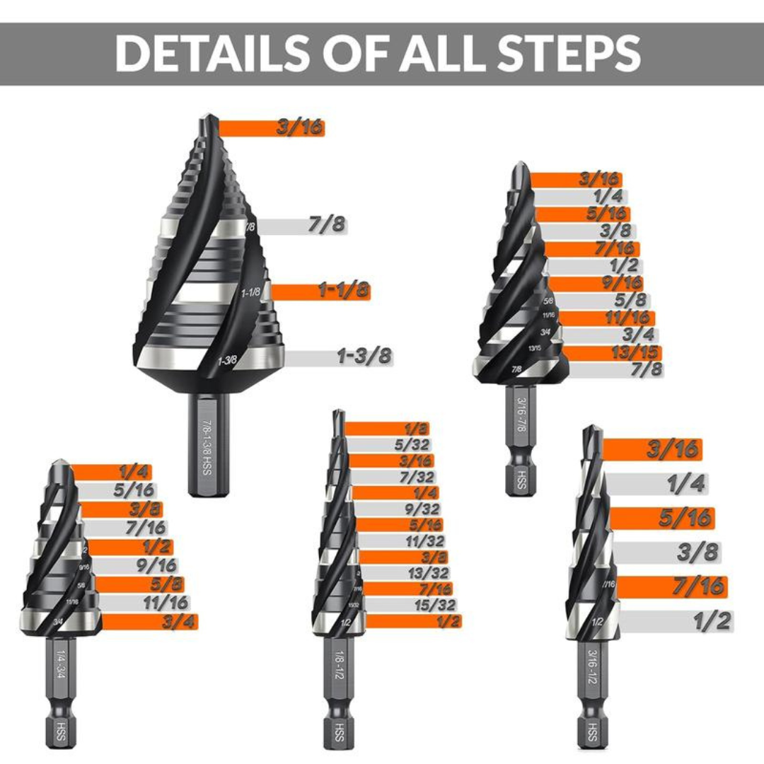 Four Spiral Flute Step Drill Bit Set
