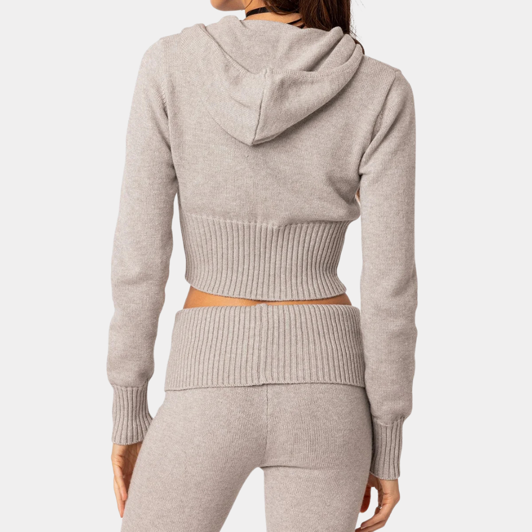 Knitted Hooded Cardigan and Low Rise Pants