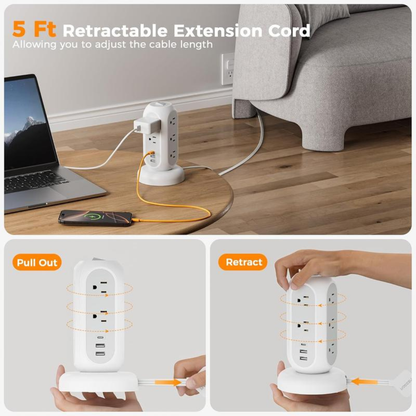 Retractable Cord Tower Power Strip Extension Socket with USB