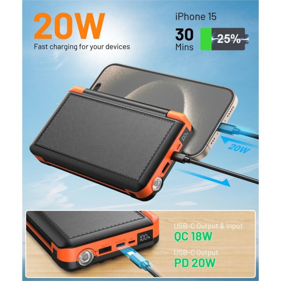 Solar Charger Power Bank Built in 4 Cables 3 Foldable Solar Panels
