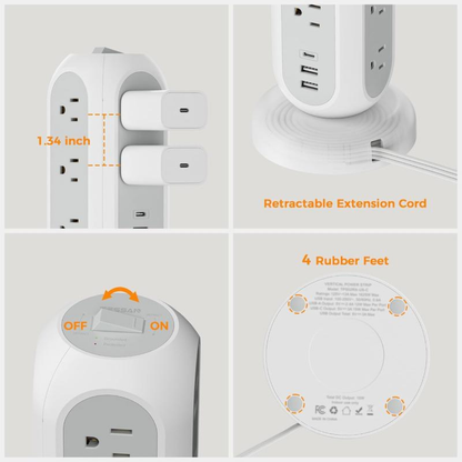 Retractable Cord Tower Power Strip Extension Socket with USB