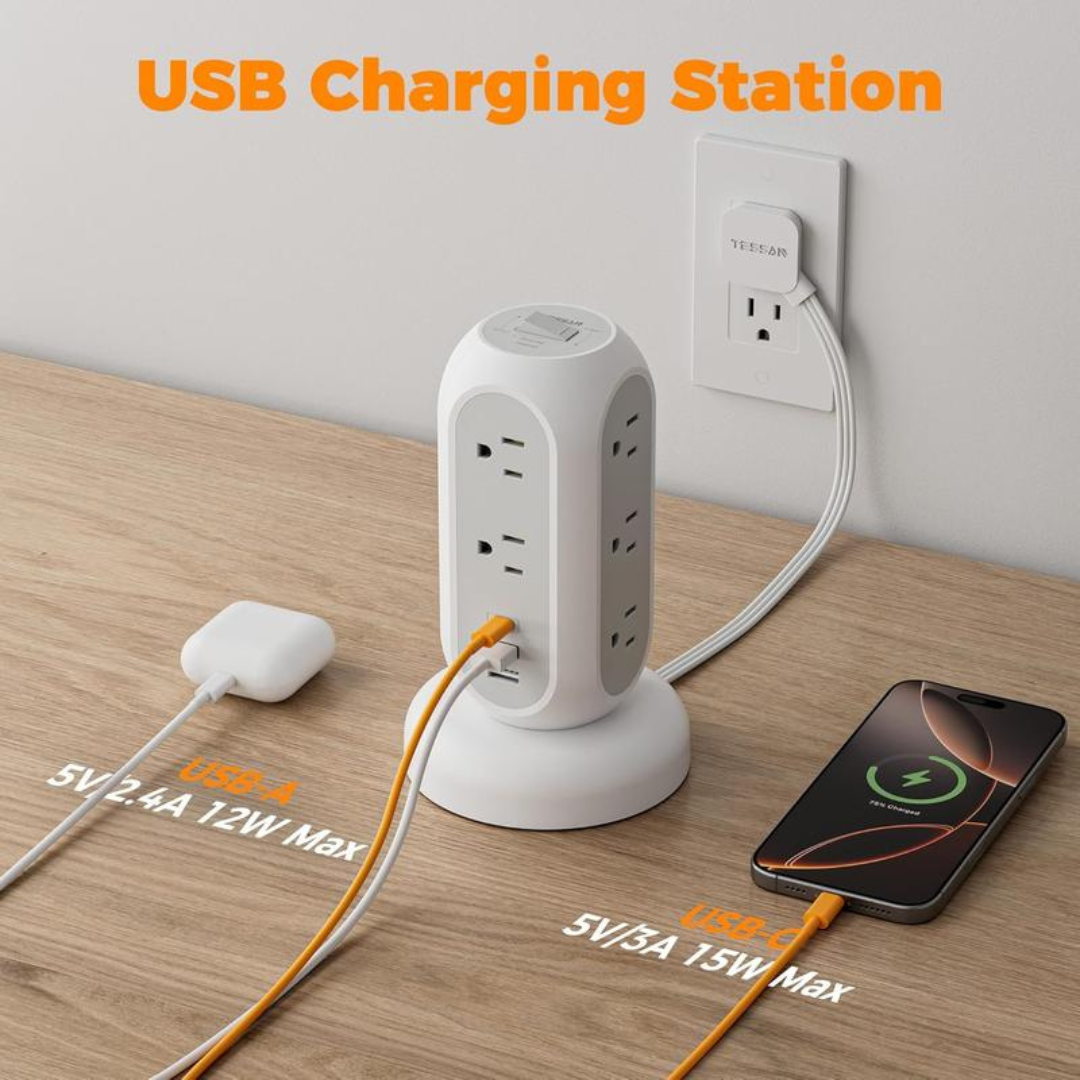 Retractable Cord Tower Power Strip Extension Socket with USB